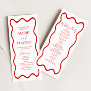 Red White Elegant Wavy Border Wedding Programme