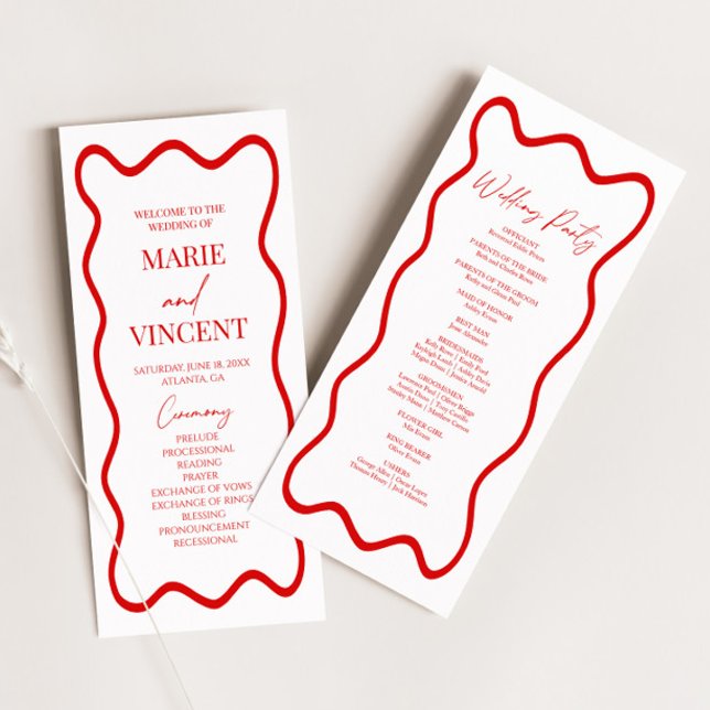 Red White Elegant Wavy Border Wedding Programme (Creator Uploaded)