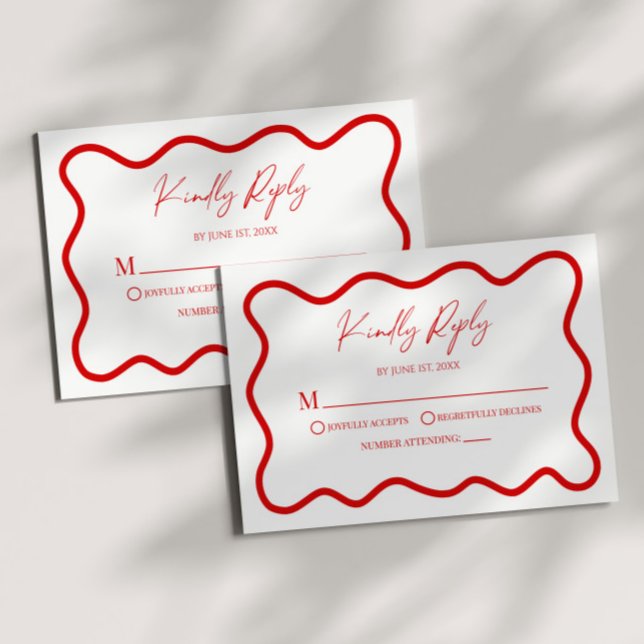 Red White Elegant Wavy Border Wedding RSVP Card (Creator Uploaded)