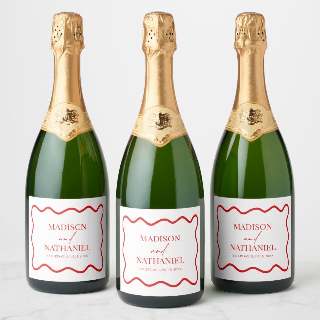 Red White Elegant Wavy Border Wedding Sparkling Wine Label (Bottles)