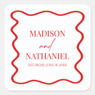 Red White Elegant Wavy Border Wedding Square Sticker