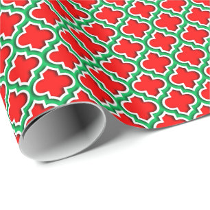 Red White Emerald Green Moroccan Quatrefoil #5DS Wrapping Paper