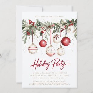 Red White Festive Ornaments Baubles Holiday Party Invitation