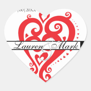 Red White Filigree Heart Save the Date Sticker