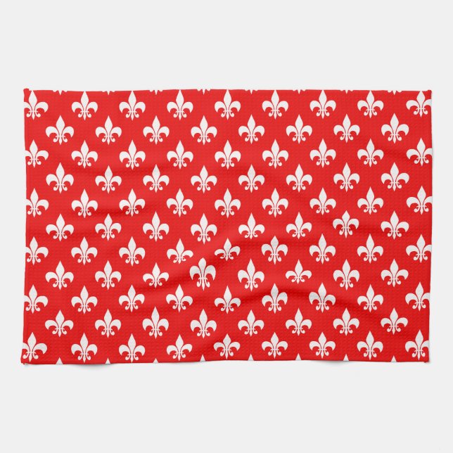 Red White Fleur-de-lis Tea Towel (Horizontal)