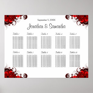 Red & White Floral 10 Wedding Table Seating Chart