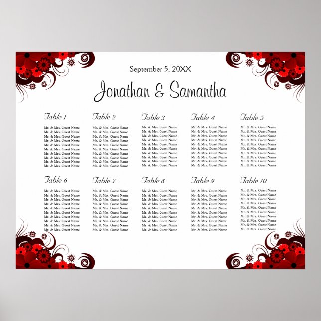 Red & White Floral 10 Wedding Table Seating Chart (Front)