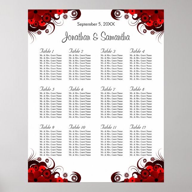 Red & White Floral 12 Wedding Tables Seating Chart (Front)