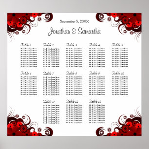 Red & White Floral 13 Wedding Tables Seating Chart