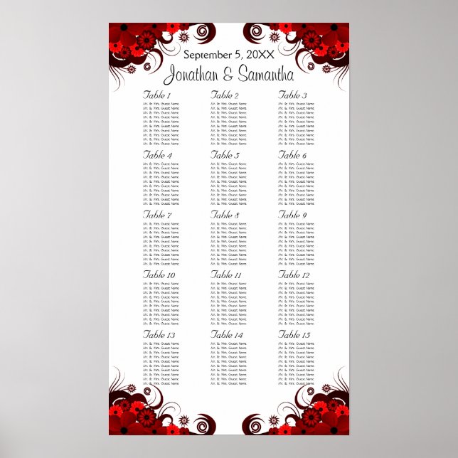 Red & White Floral 15 Wedding Tables Seating Chart (Front)