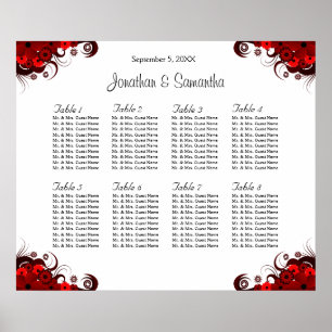 Red & White Floral 8 Wedding Tables Seating Charts