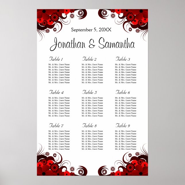Red & White Floral 9 Wedding Tables Seating Charts (Front)