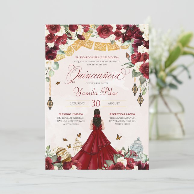 Red White Floral Butterfly Elegant Quinceanera V1 Invitation (Standing Front)