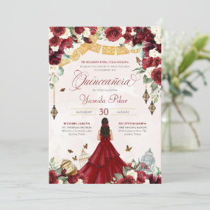 Red White Floral Butterfly Elegant Quinceanera V2 Invitation