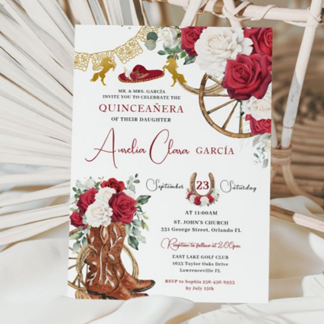 Red White Floral Charro Boots Horses Quinceañera Invitation (Creator Uploaded)