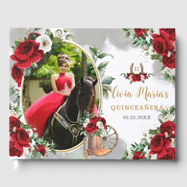 Red White Floral Charro Boots Quinceanera Photo Guest Book (Front)