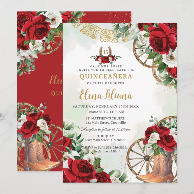 Red White Floral Charro Boots Sweet 16 Quinceañera Invitation (Front/Back)
