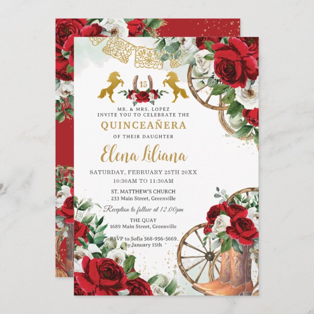 Red White Floral Charro Charra Horses Quinceañera  Invitation (Front/Back)