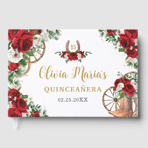 Red White Floral Charro Cowboy Boots Quinceanera Guest Book