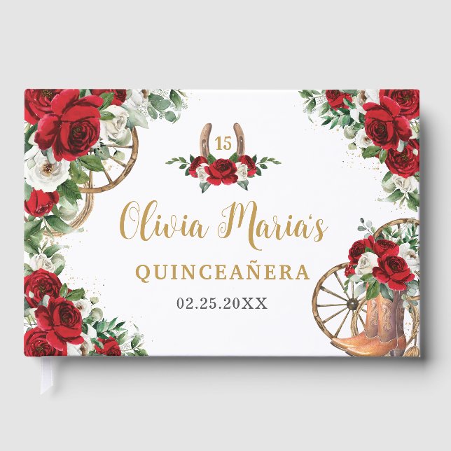 Red White Floral Charro Cowboy Boots Quinceanera Guest Book (Front)