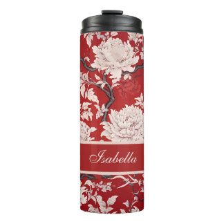 Red & White Floral Chinoiserie Pattern Personalise Thermal Tumbler