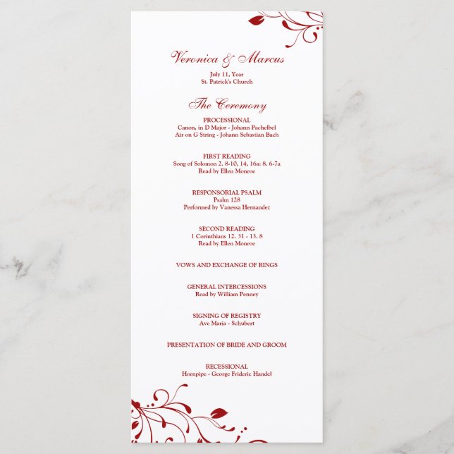 Red & White Floral Decal Wedding Program Programme (Front)