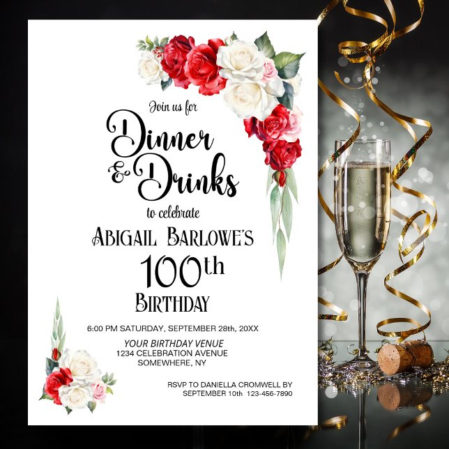 Red White Floral Dinner and Drinks 100th Birthday Invitation (Creator Uploaded)