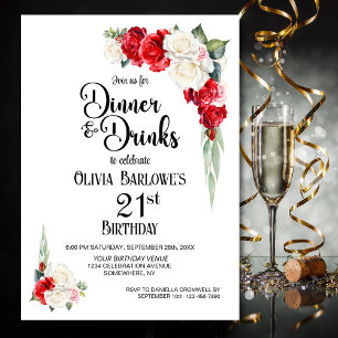 Red White Floral Dinner and Drinks 21st Birthday Invitation