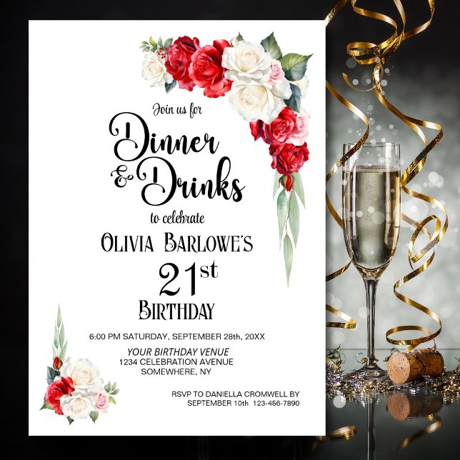 Red White Floral Dinner and Drinks 21st Birthday Invitation (Creator Uploaded)