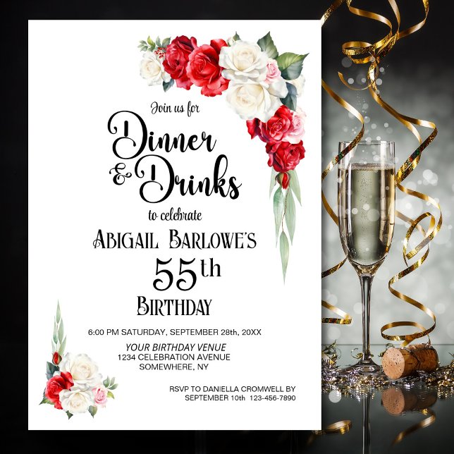 Red White Floral Dinner and Drinks 55th Birthday Invitation (Creator Uploaded)