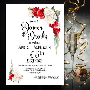 Red White Floral Dinner and Drinks 65th Birthday Invitation
