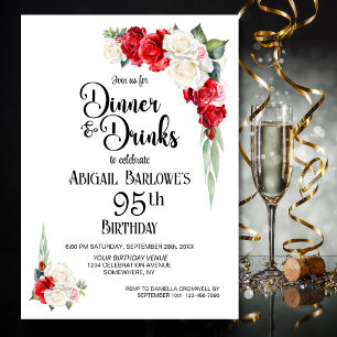 Red White Floral Dinner and Drinks 95th Birthday Invitation