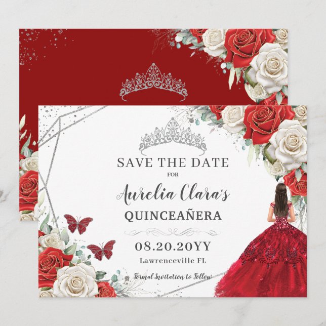 Red White Floral Dress Silver Quinceanera Sweet 16 Save The Date (Front/Back)