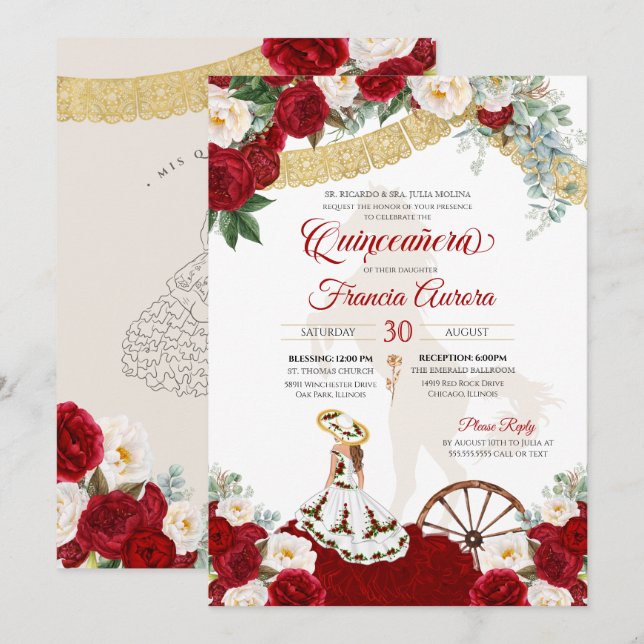 Red White Floral & Gold Elegant Charro Quinceanera Invitation (Front/Back)