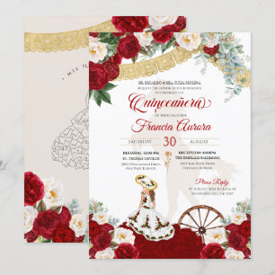 Red White Floral & Gold Elegant Charro Quinceanera Invitation