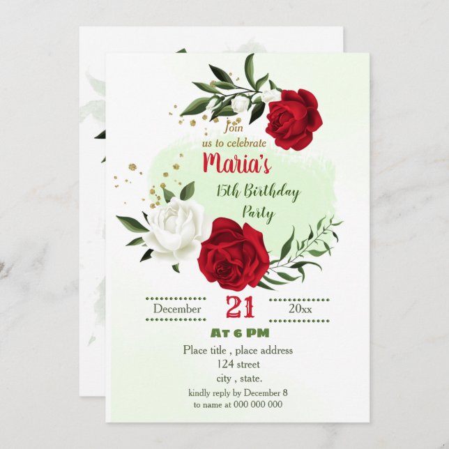 red white floral green botanical birthday party invitation (Front/Back)