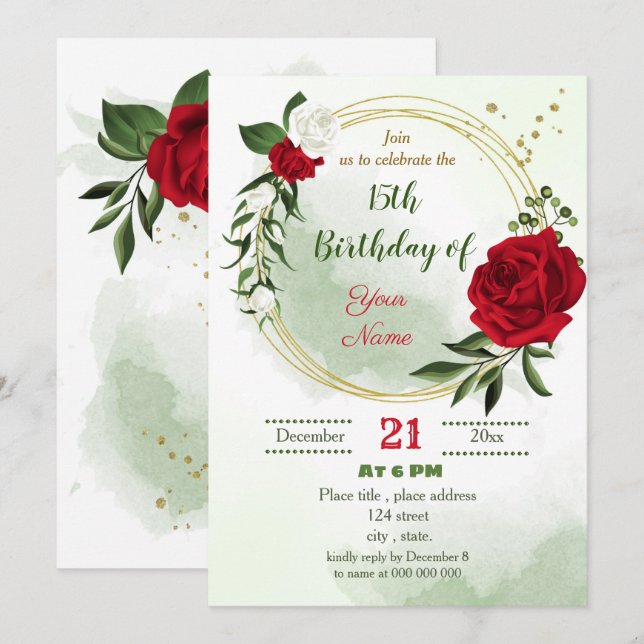 red white floral green gold wreath birthday invitation (Front/Back)