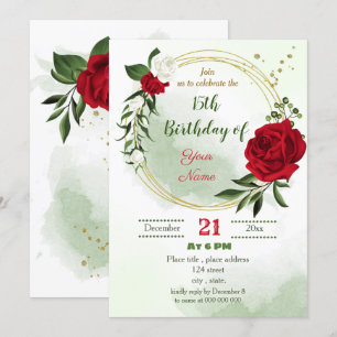 red white floral green gold wreath birthday invitation