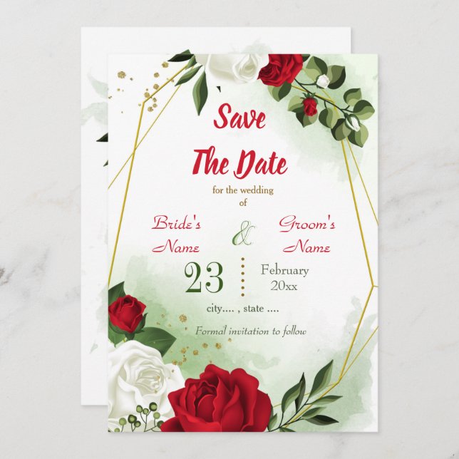 red white floral greenery gold geometric save the date (Front/Back)