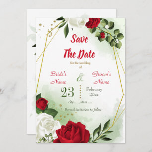red white floral greenery gold geometric save the date