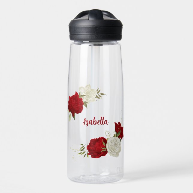Red white floral greenery  water bottle (Front)