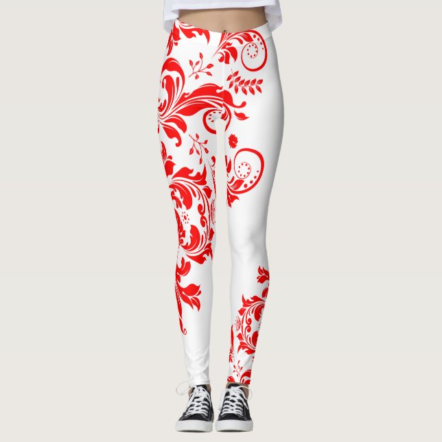 Red & White Floral Lace Asymmetric Design Leggings (Front)