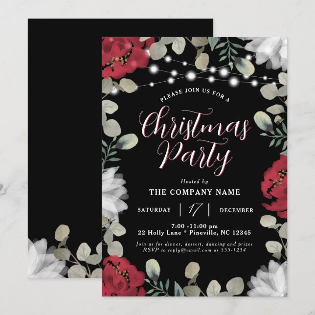 Red White Floral Lights on Black Christmas Party Invitation (Front/Back)