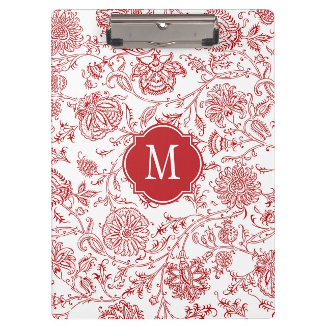 Red & White Floral Monogram Clipboard (Front)