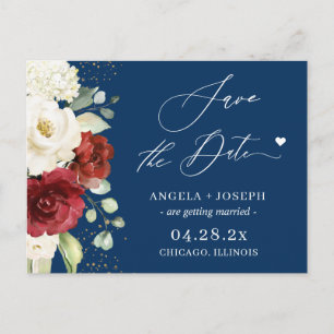 Red White Floral Navy Blue Wedding Save the Date Postcard