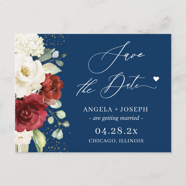 Red White Floral Navy Blue Wedding Save the Date Postcard (Front)