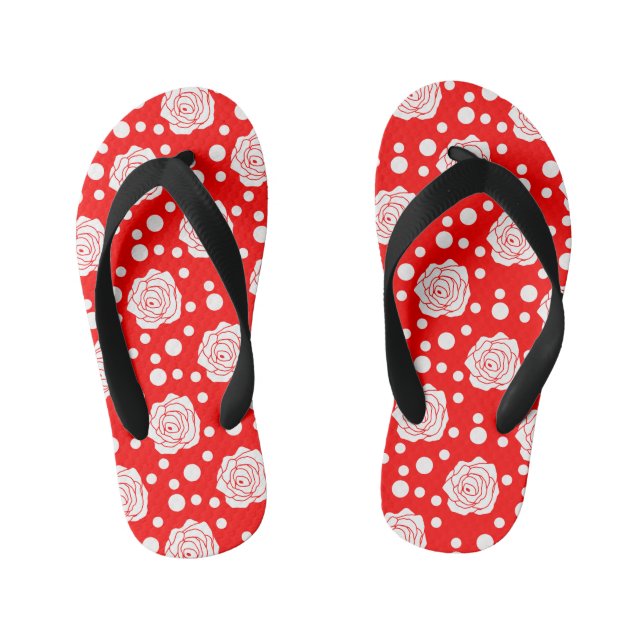 Red White Floral Polka Dots Pattern  Kid's Flip Flops (Footbed)
