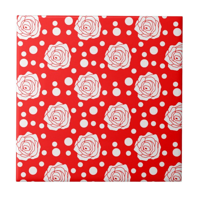 Red White Floral Polka Dots Pattern  Tile (Front)