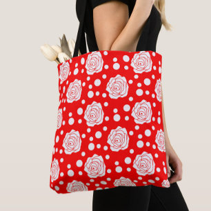 Red White Floral Polka Dots Pattern Tote Bag