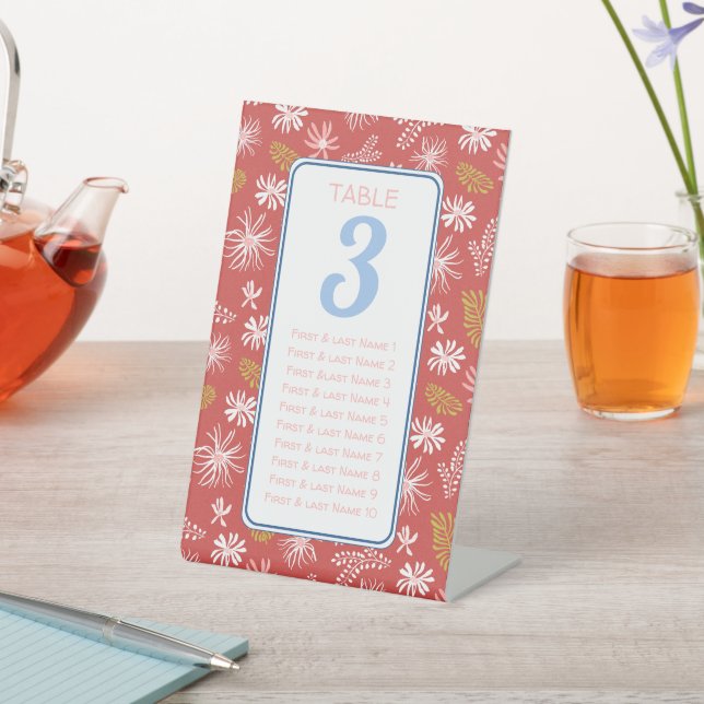 Red & white floral seating chart table # pedestal sign (In SItu)
